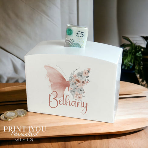 Beautiful Floral Blush rose gold butterfly White wooden money Baby Christening Gift Money Saving Box